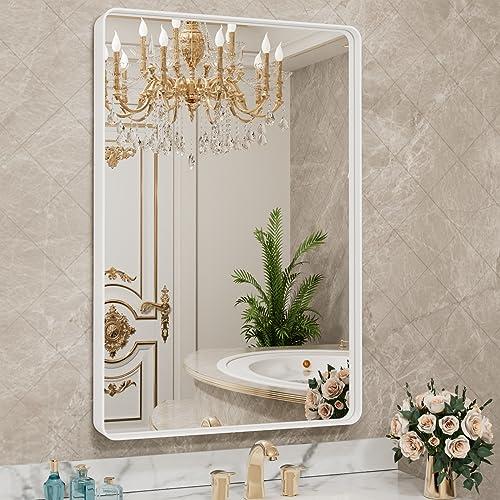 LOAAO 24x32 Inch White Metal Framed Bathroom Mirror for Wall, White Bathroom Vanity Mirror Farmhouse, Large Rounded Rectangle Mirror, Anti-Rust, Hangs Horizontally or Vertically