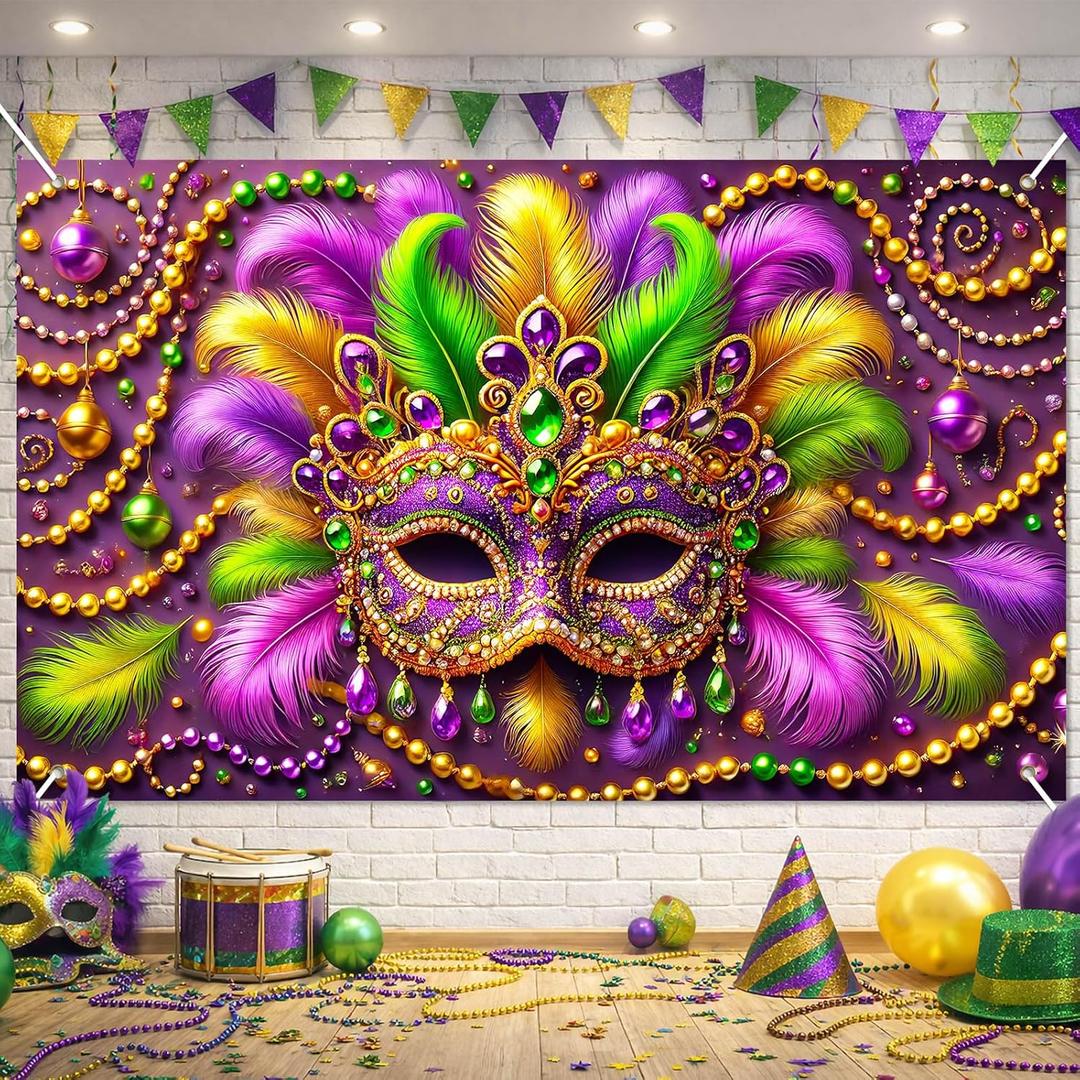 Mardi Gras Backdrop Banner Carnival Masquerade Photography Backgrounds Mask Colorful Backdrop Party Decoration Banner Studio Props for Wedding Bachelorette Party Decorations Banner 6x4ft (Feathered Mask#002)