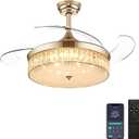Ohniyou 42 Inch Retractable Ceiling Fan with Lights Remote, Crystal Chandelier Ceiling Light, Dimmable Fandelier for Bedroom Living Room Indoor (Gold)