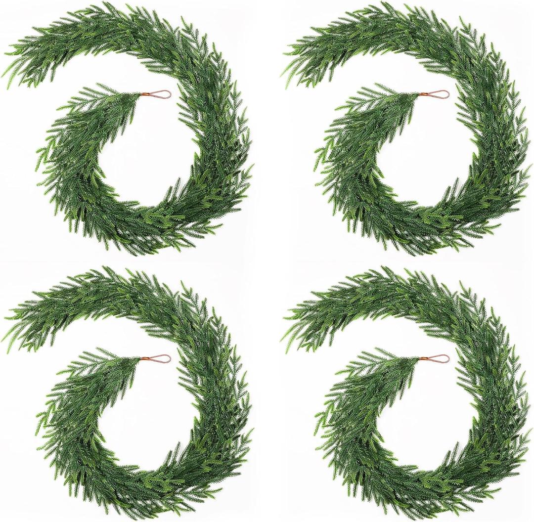 TOWPONICS 4Pcs Christmas Norfolk Pine Garland, 6FT Real Touch Faux Green Garlands, Winter Artificial Greenery Garland for Mantle, Table, Stairs, Fireplace, Indoor & Outdoor Xmas Decorations