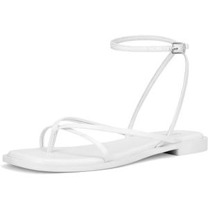 Womens Flats Sandals Square Toe Strappy Ankle Strap Flats (8, White)