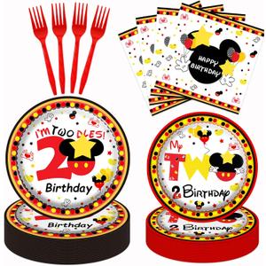 XXDecor 80 Pcs Red Cartoon 2nd Party Plates Twodles Dessert Plates Napkins Forks Tableware Kit for Boys 2nd Birthday Party Decorations Supplies - 20 Guests