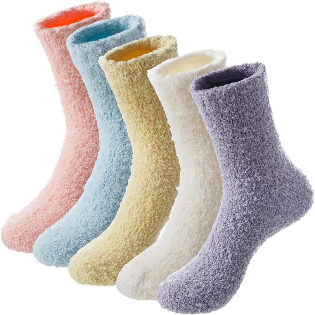 Womens Fuzzy Socks Cozy Fluffy Winter Warm Slipper Socks Microfiber Soft Home Sleeping Socks for Women 5 Pairs (Medium, Solid Color Combination)
