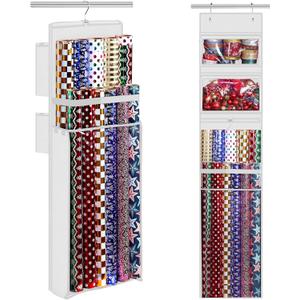 Wrapping Paper Organizer Storage, Double-Sided Hanging Gift Wrap Roll Holder for Christmas, 63"x13" Over Door Present Bag Container for Room Closet, White Wrapper Station for Birthday