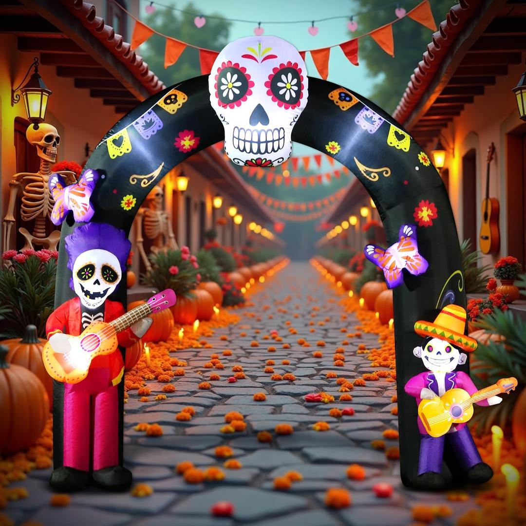 DomKom Halloween Inflatable Blow Up Decorations Archway, Dia de Los Muertos 8FT Day of Dead Arch with Skull Skeleton, Built-in LEDs for Holiday Party, Garden, Lawn, Yard, Patio Dcor