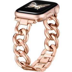 DaQin Gold Band Compatible with Apple Watch Bands for Women 44mm 45mm 46mm 42mm, Metal Chain Link Steel Replacement Accessories Bracelet for iWatch Bands Series 10 9 8 7 6 5 4 3 2 1 SE, RoseGold