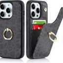 for iPhone 15 Pro Max Case with Card Holder,Credit Card Holder,Ring Stand Kickstand,Shockproof Cute Phone Wallet Case for Women(6.7 inch,Black Leopard)