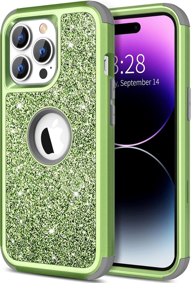 Hython for iPhone 14 Pro Max Case, Heavy Duty Full-Body Defender Protective Phone Cases Glitter Bling Sparkle Hard Shell Hybrid Shockproof/Drop Proof 3-Layer Military Rubber Bumper Cover Women, Green