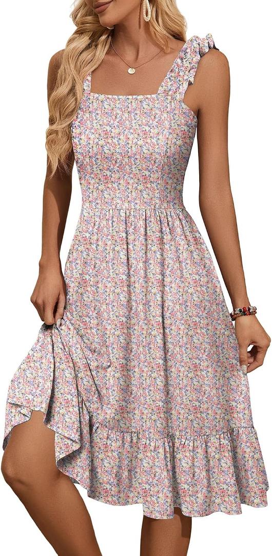 ZABERRY Womens Summer Midi Dress 2026 Elastic Straps Square Neck Cute Floral Flowy A-line Sundresses for Women (Pink, XL)