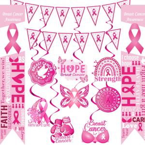 Breast Cancer Awareness Decorations,Include Pink Ribbon Hanging Swirls,Breast Cancer Awareness Pennant Banner and Porch Sign for Breast Cancer Public Charity Activity Party Decor Supplise.