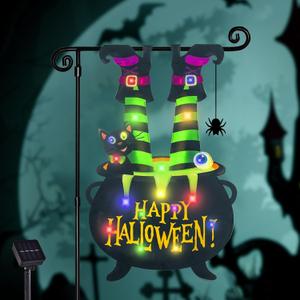Halloween Lighted Garden Flag for Outside, Led Solar Yard Flag 8 Modes Witch Feet Shape Flag, 12x18 Double Sided Cauldron Eyeball Black Cat Decorations for Home Porch (Multi Colored-12x18)