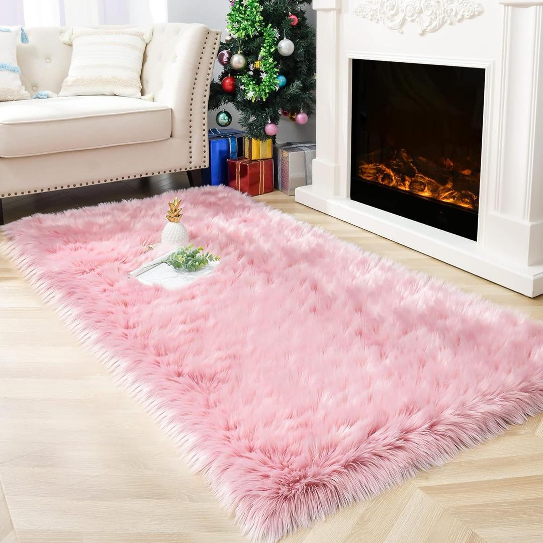 Noahas Fluffy Pink Rugs for Bedroom Girls,Faux Fur Rug,2x6 Long Hallway Runner Rug,Faux Sheepskin Rug,Washable Fuzzy Carpet,Shaggy Area Rugs for Living Room Decor