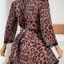 RoseSeek Women's Lace Sheer Leopard Lingerie Set Wireless Halter Triangle Bra and Panty Set with Belted Robe (Brown, L)