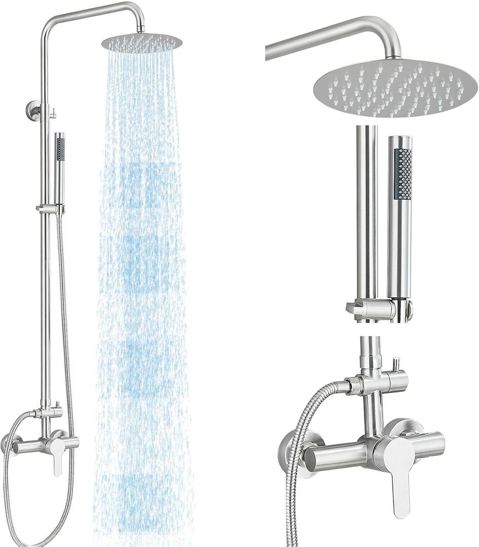Rain Shower System Outdoor Shower Fixtures with 8" Rain Shower Head Handheld Sprayer Single Handle Wall Mounted Bathroom Shower Faucet Set Brushed Nickel for Bathroom or Backyard