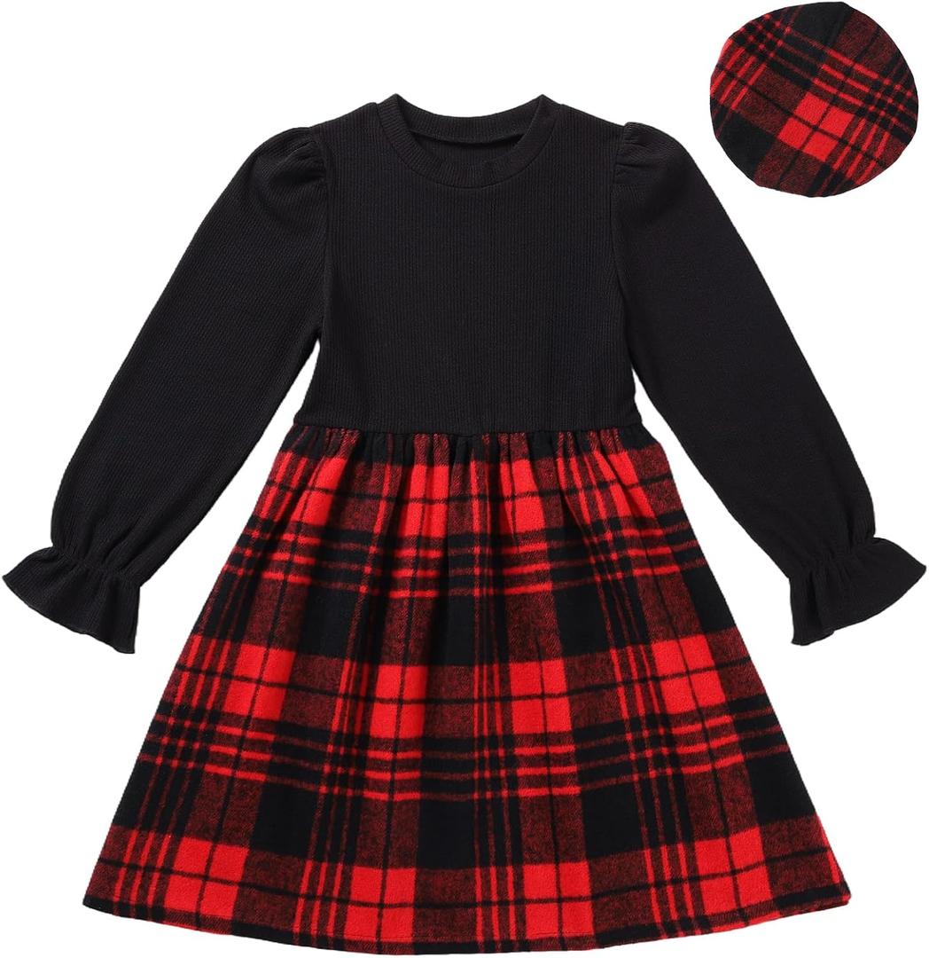 Girls Fall Winter Dress Plaid Ribbed Ruffle Long Sleeve Dress with Beret Hat 2Pcs Girls Casual Party Dresses for 6-12 Years
