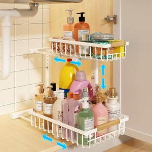 REALINN Under Sink Organizer, Height Adjustable Under Sink Organizers and Storage, 2 Tier Pull Out Drawer Cabinet Storage for Kitchen Bathroom, 1 Pack, White