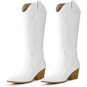 Arromic Cowboy Boots for Women Comfortable Womens Embroidered Western Cowgirl Knee High Boots Pointed Toe Zipper Chunky Heel Country Outfit Retro Tall Boots, 9.5