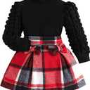 Noubeau Toddler Girls Plaid Outfits Girls Puff Sleeve Knit Ribbed Shirt Tops Plaid Skirt Set Kids Fall Winter Clothes (8 Years, Red)