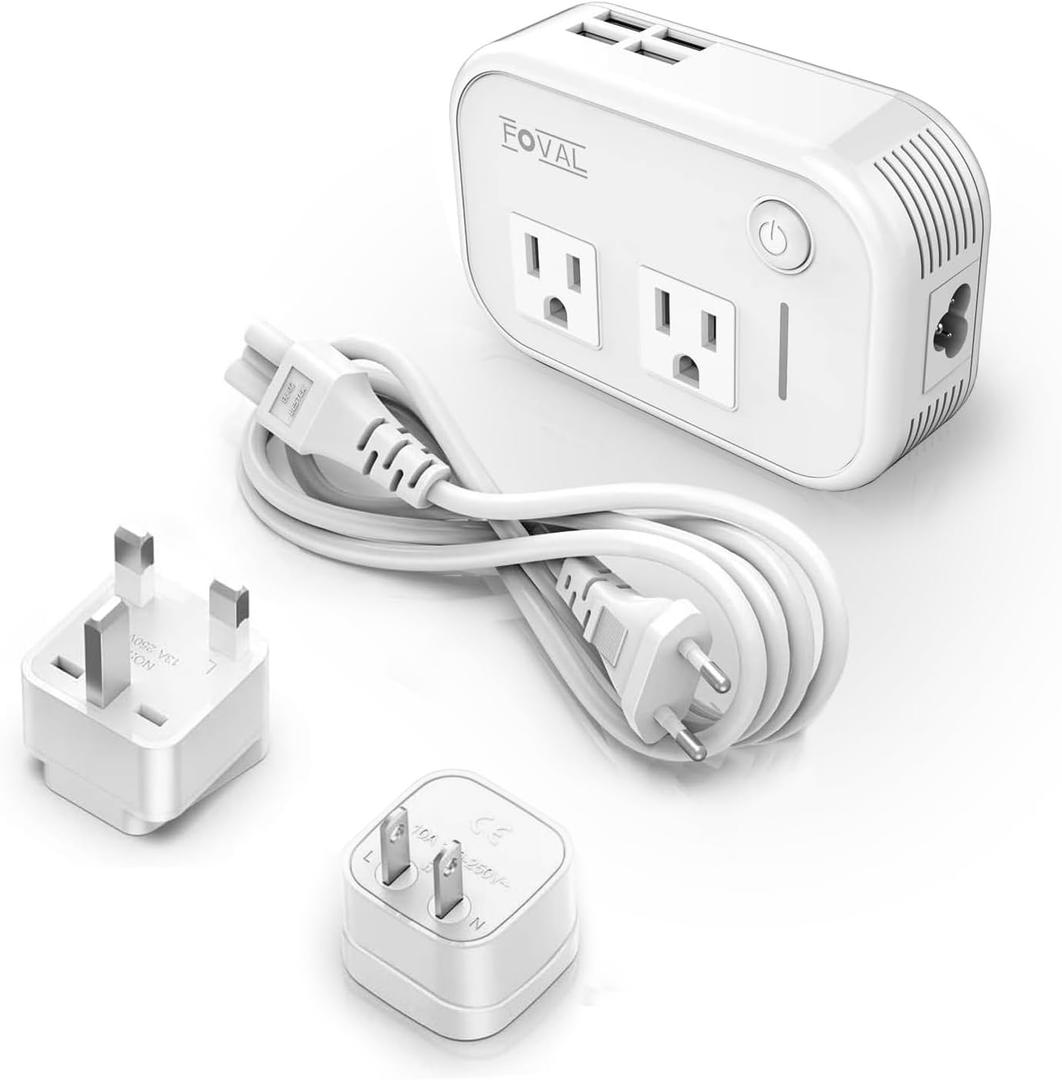FOVAL Power Step Down 220V to 110V Travel Voltage Converter International Power Adapter for Hair Straightener/Curling Iron with 4-Port USB Charging US/UK/AU/EU Universal Plug Adapter (White)