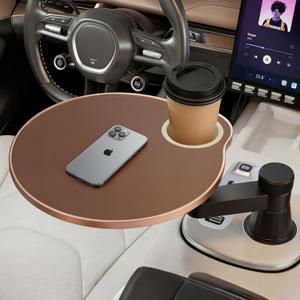Car Tray Cup Holder Desk, 360 Rotating PU Leather Food Car Table - Steering Wheel Tray Road Trip Essentials Accessories for Tesla Model Y/3/S, Ford F150 Most Vehicles