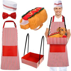 5 Pcs Adult Waiter Costume with Hot Dog Costumes Soda Jerk Popcorn Costume Christmas 50s Circus Party (Large)