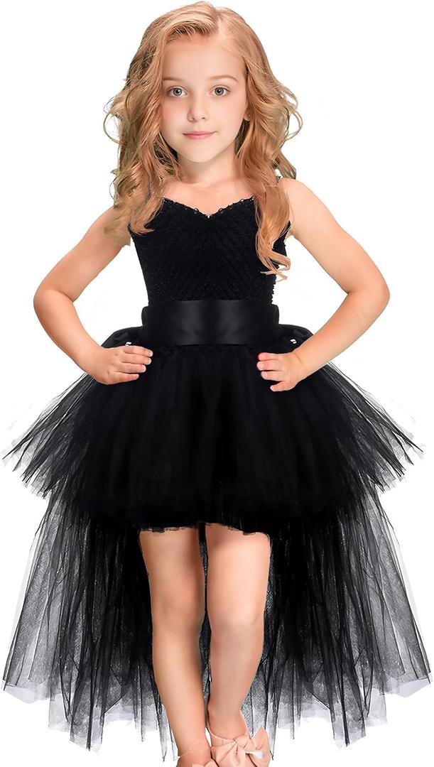 HJTT Tutu Dress for Girls Black Train V-Neck Tulle Evening Wedding Birthday Party Dresses Kids Ball Gown (Black, 1-2 Years)