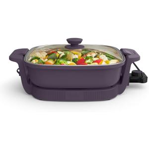 bella Make & Take Electric Skillet, Fits-anywhere kitchenware, EverGood Ceramic Coating, Adjustable Temperature & Dishwasher-Safe Tempered Glass Lid, Cast Aluminum Base, 1200 Watt, Plum