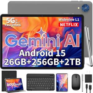 2026 Android 15 Tablet, 10 inch Tablet with Keyboard, 24GB+256GB+2TB Expand, 2-in-1 Tablets with 8-Core, 5G WiFi, 8000mAh, BT5.0, GMS, GPS, Gemini AI, Tablets PC with Mouse, Case, Stylus (Black)