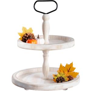 Mustry Rustic Wooden 2-Tier Tray Stand for Farmhouse Kitchen & Home Decor