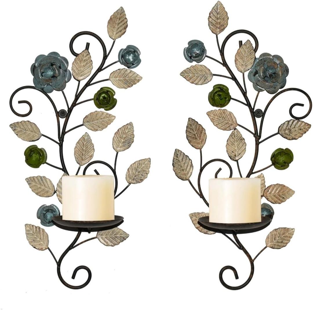 Metal Wall Candle Sconce Holders Set of 2, Rustic Leaf and Flower Branch Candle Holder Wall Decoration for Living Room Farmhouse Wedding Fireplace (Antique Color)