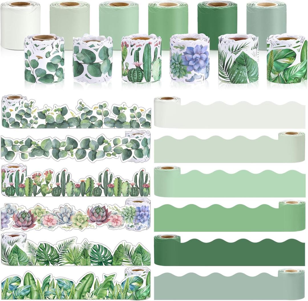 Qilery 12 Rolls 394 ft Classroom Border for Bulletin Board Sets, Green Plants Combination Bulletin Board Border for Summer Back to School Classroom Office Chalkboard Whiteboard Poster Decor