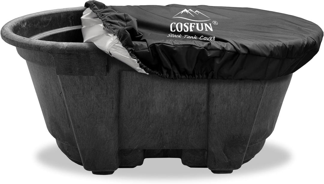 COSFUN 100 Gallon Oval Stock Tank Cover,Waterproof Dust Proof Anti-UV Ice Bath Cover,Keep Water Trough Clean (Elastic Bottom, Black)