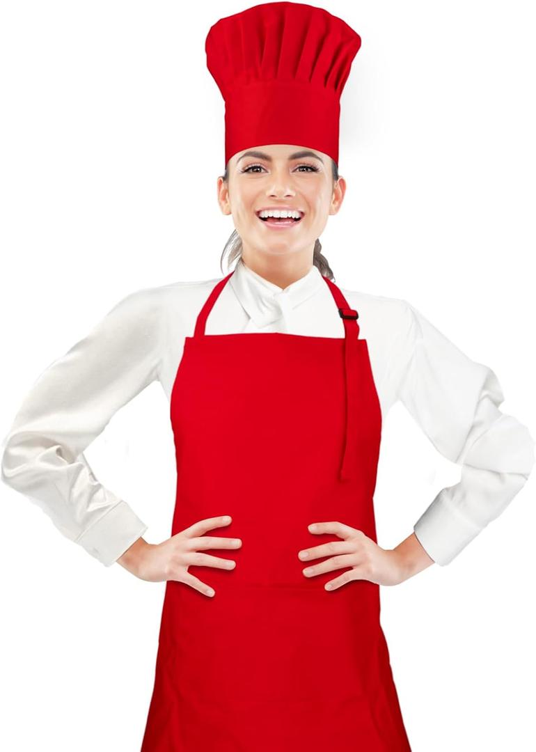 Chef Apron and Hat set, 2 Pockets Adjustable Cotton Kitchen Cooking Bib Apron, Baker Costume for Men Women (Red)
