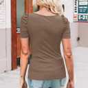 Valphsio Womens Puff Short Sleeve Top Square Neck Elegant Ribbed Knit T Shirt Summer Cute Slim Fit Tee Blouse (X-Small, Khaki)