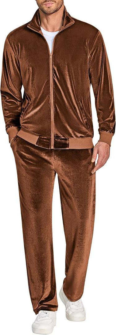 COOFANDY Mens 2 Piece Velour Tracksuit Full Zip Jackets Pants Velvet Jogging Suits Sweatsuit Set (Brown, XL)