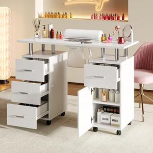 PeacefulHues Manicure Table Nail Desk, Nail Station with Electric Dust Collector, Wrist Rest and Storage Drawers Cabinet, Beauty Salon Workstation for Nail Tech, White