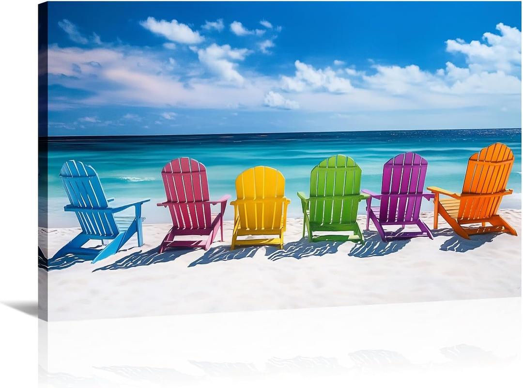 Beach Canvas Wall Art Colorful Chair on Beach Picture Coastal Landscape Painting SeascapePrints Modern Artwork for Bathroom Living Room Home Office Decor Framed - 16.00"x24.00"