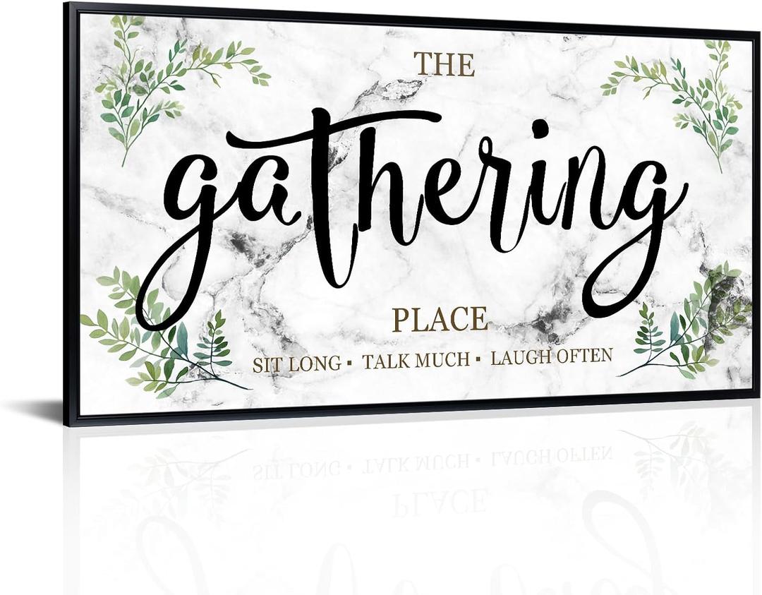 iLOOKLiKE The Gathering Place Sign Wall Art Rustic Gather Canvas Prints Sit Long Talk Much Laugh Often Artwork Black Floater Frame for Home Kitchen Dining Room 20"x40"