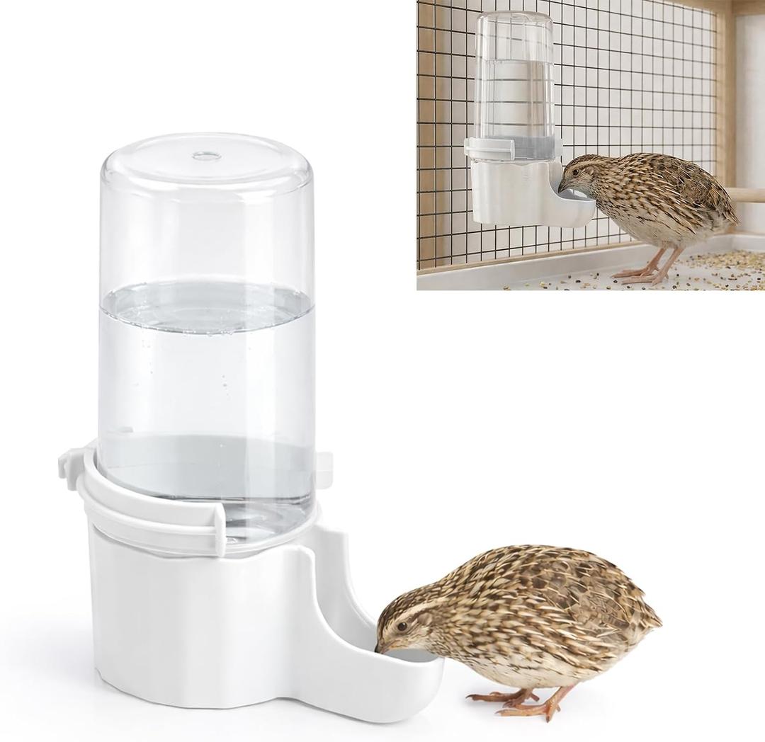 Quail Chick Waterer with Anti-Drowning Shallow Tray, 16.6 fl oz Automatic Gravity Button Quail Waterer, Hanging or Free-Standing Bird Water Dispenser for Wire Mesh Cages and Brooders (White)