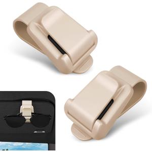 2 PCS Car 2-in-1 Sunglass Holder, Scratchproof & Heat-resistant Single-hand Glasses Holder, Sun Visor Glasses Clip with Elastic Snap Fastener, Universal for Most Cars, Trucks (Beige)