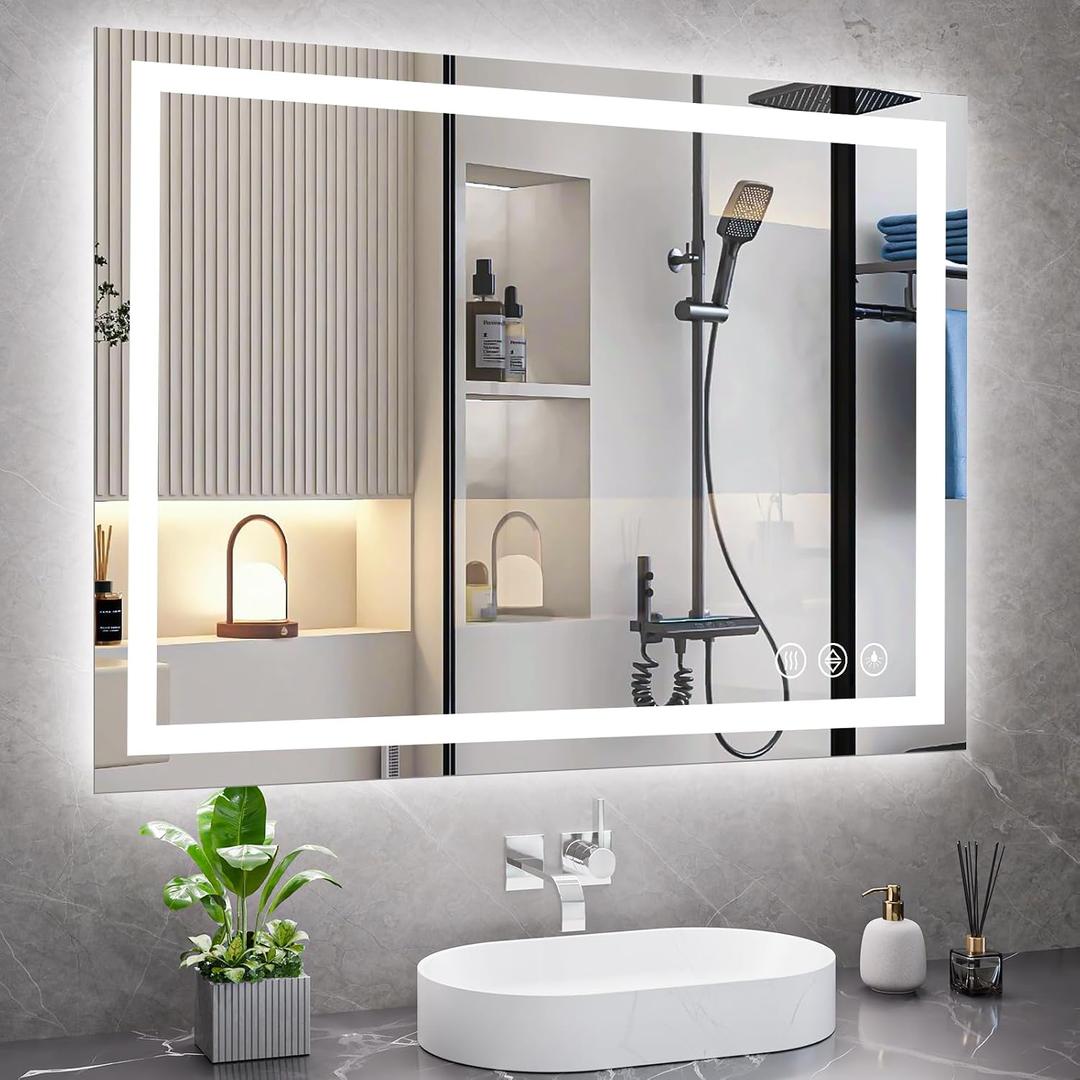 Koonmi 36x48 LED Bathroom Mirror, Backlit + Front Lit, LED Bathroom Mirror with Lights for Wall, 3 Colors, Anti-Fog, Dimmable Brightness, Memory Function, Tempered Glass