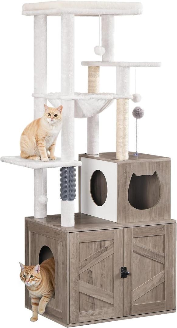 HOOBRO Cat Tree with Litter Box Enclosure, Tall Cat Tower for Indoor Cats, All-in-One Modern Cat Condo, Hidden Litter Box Enclosure Furniture, with Cat House, Sisal Posts, Greige and White, 23.6"L x 17.7"W x 59.4"H