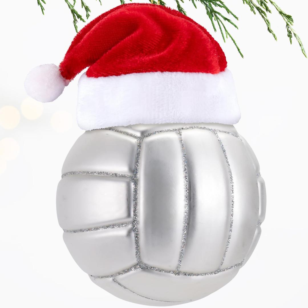 Christmas Volleyball Small Glass Blown Ornament, 2025 Hand-Painted Mini Sports Ball Decoration with Removable Santa Hat for Boys and Girls, Xmas Tree Themed Party Holiday Decor Kids Gifts