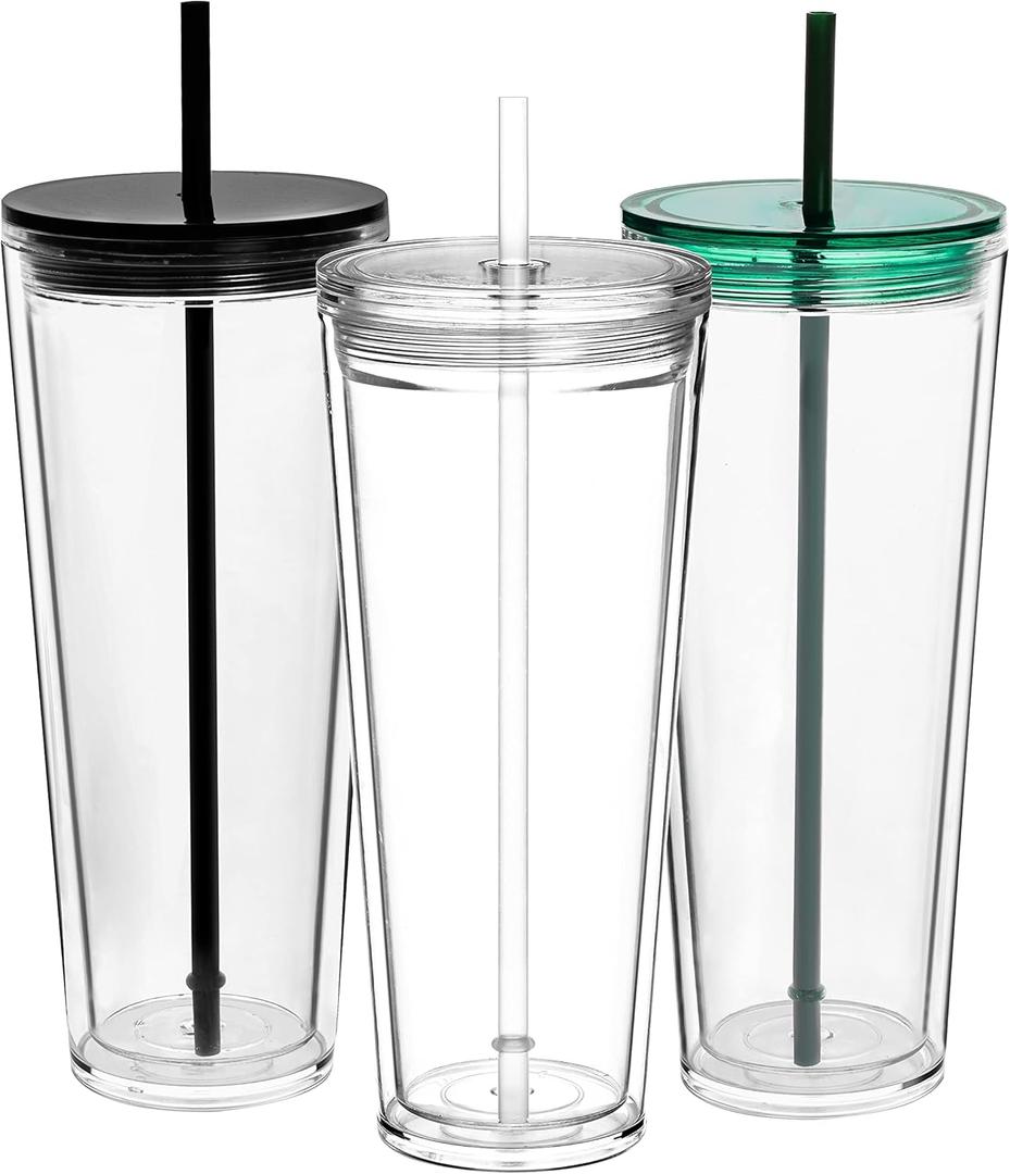 Suertestarry 24 oz Clear Tumblers with Lid and Straw, 3 Pack Plastic Tumblers, Reusable Double Wall Insulated Cups for Travel,Parties, Birthdays,Gifts(3, Transparent+Black+Green)