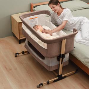 Soobaby 3 in 1 Baby Crib, Bassinet Bedside Crib Adjustable Portable Bed for Infant,Baby Newborn Must Have Bed,Khaki