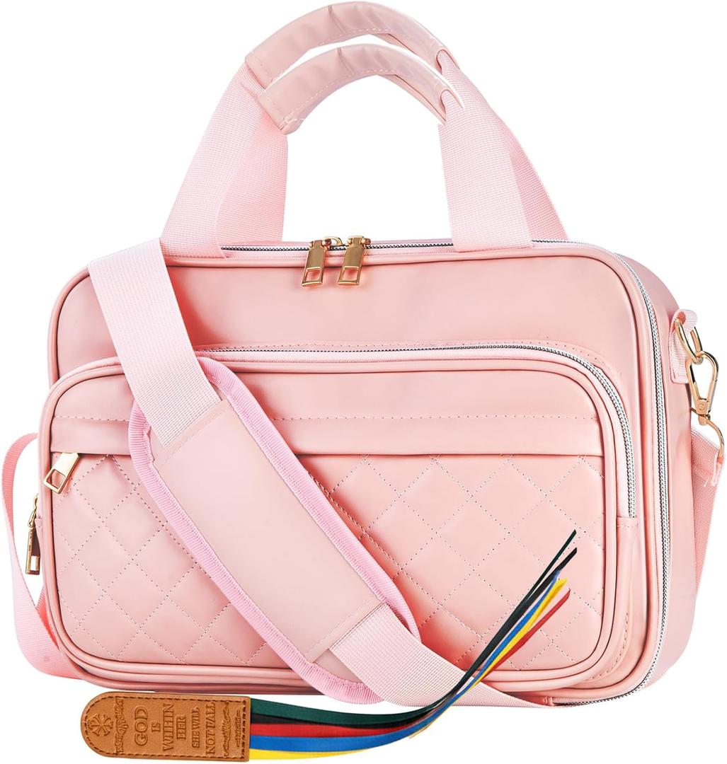 Bible Tote Bag with Ribbon Bookmark for Women & Men, Durable Leather Bible Cover w/Shoulder Strap and Handle, Large Capacity Multi-Pocket Bible Case, Elegant Gift for Church & Travel (A01-pink)