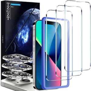 TZGZT [True 9H+ Shatterproof] 3 Pack for iPhone 13 Screen Protector Tempered Glass Film, with 3 Pack Camera Lens Protector Accessories, Phone Case Friendly, with Alignment Frame, Ultra HD