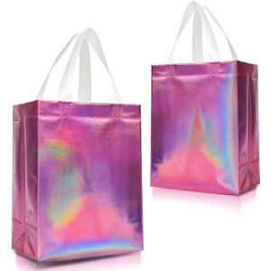 Nush Nush Reusable Pink Iridescent Gift Bags Medium Size  Set of 12 Holographic Pink Gift Bags With Handles - Birthday Gift Bags Bulk, Christmas Bags, Goodie Bags, Party Favor Bags  8x4x10 Size