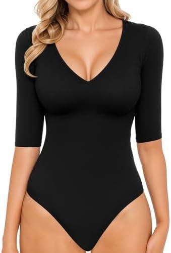 MANGOPOP Half Sleeve Bodysuit V Neck Bodysuit Shirts for Women, XL