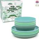 Grow Forward Bamboo Kids Plates and Bowls Sets - 8-Piece Dishwasher Safe Non Toxic Plates for Kids - Reusable Eco Friendly BPA Free Dishes Dinnerware Sets for Children - Rainforest